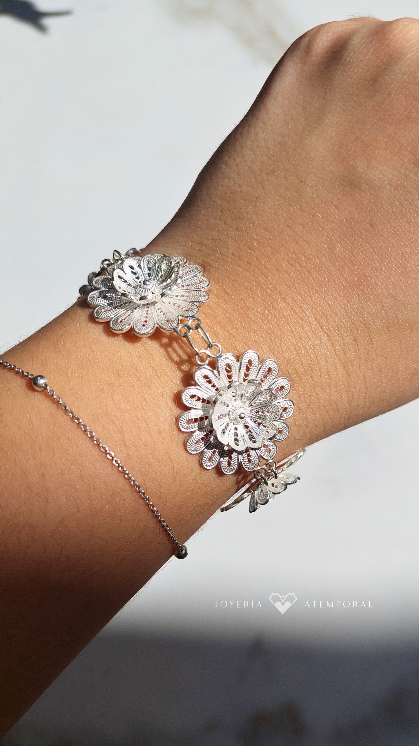 Pulsera Filigrana de Plata Doble Flor 16 Pétalos