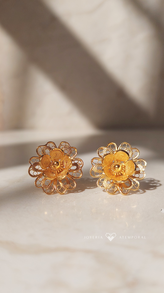 Aretes de Filigrana de Plata Doble Flor orazón y escarcha
