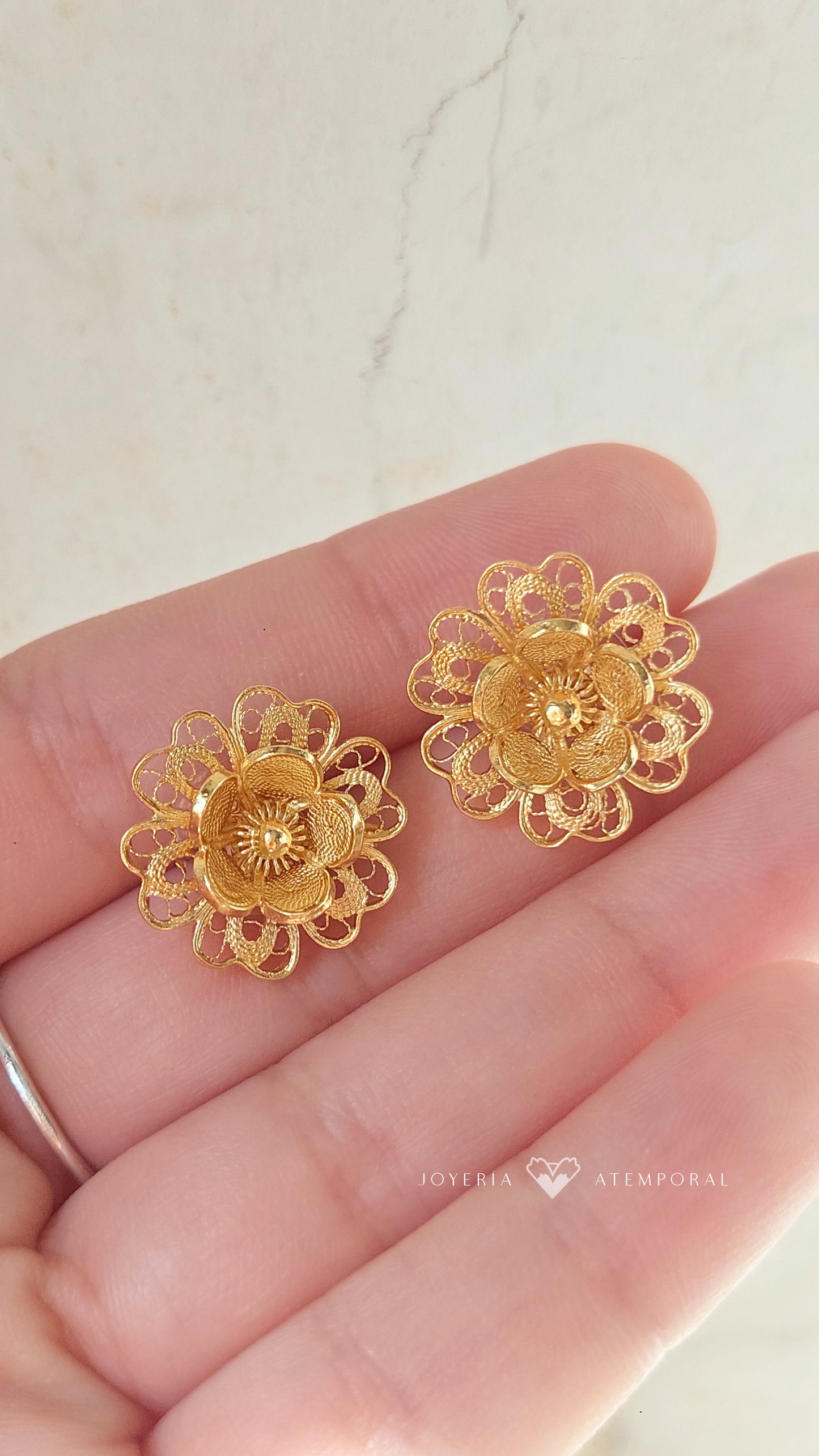 Arete Filigrana de Plata Doble Flor orazón y escarcha