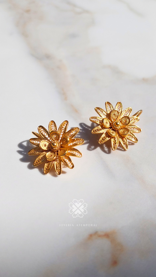 Aretes de Filigrana de Plata Gancho Doble Flor Puntas con Escarcha