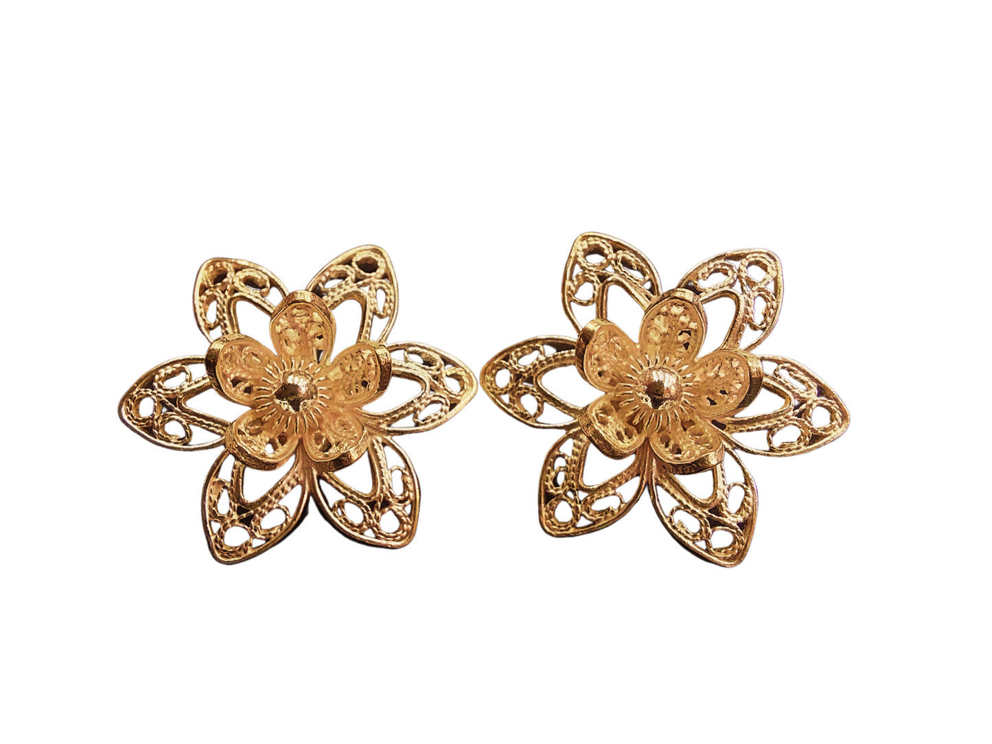 Aretes de Filigrana de Plata Doble Flor Pétalos Calados