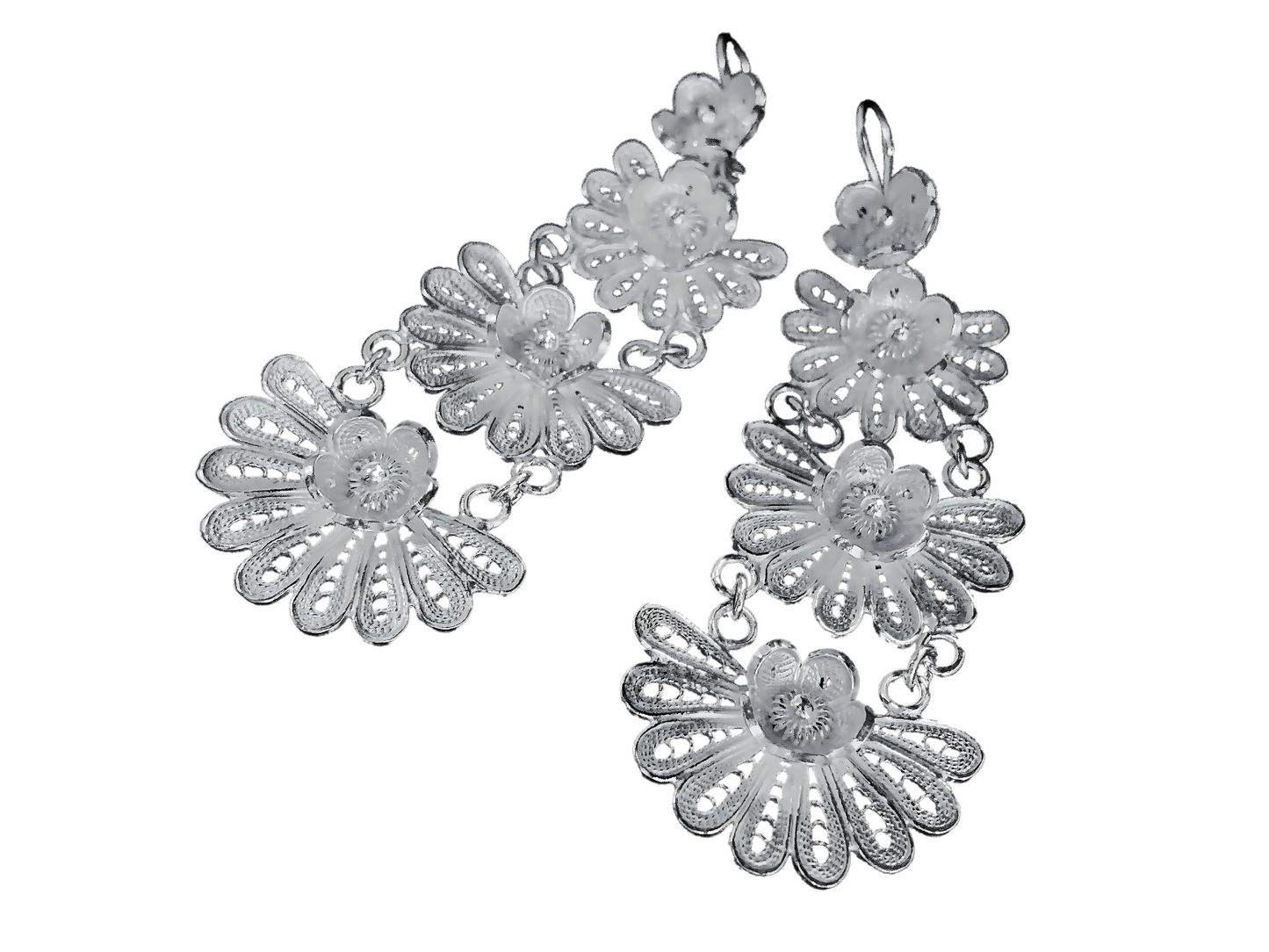 Arete Filigrana de plata de gancho abanicos colgantes con flor arriba