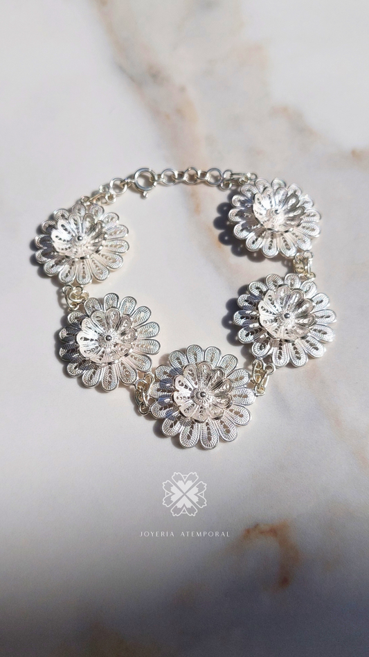 Pulsera Filigrana de Plata Doble Flor 16 Pétalos